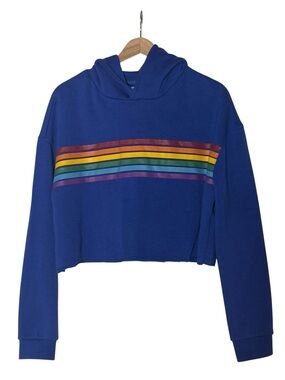 Bluenotes Rainbow Striped Cropped Hoodie Size L Boxy Raw Hem Athleisure Casual